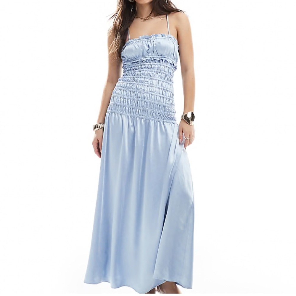ASOS the frolic satin ruched dropped waist maxi dress in baby blue